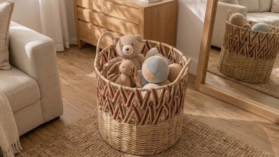 A faux-rattan basket holding soft toys beside a sofa in a family living room.