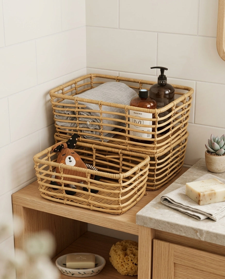 Faux rattan basket used for bathroom countertop storage