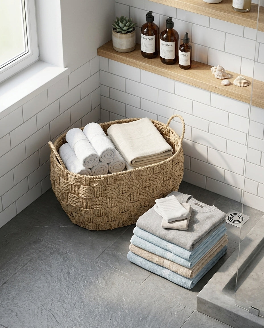 Woven basket used for bathroom towel organization