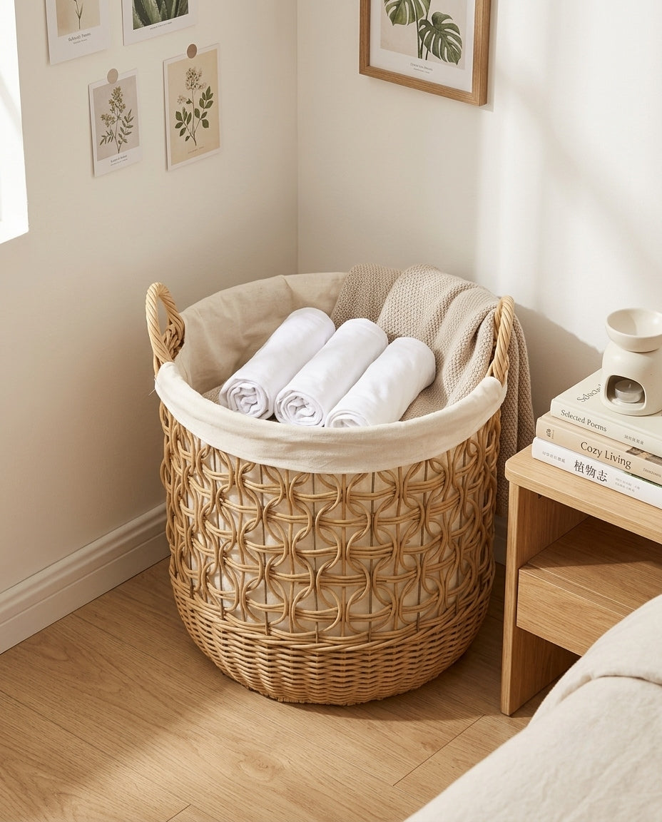 Natural woven laundry basket used for bedroom organization