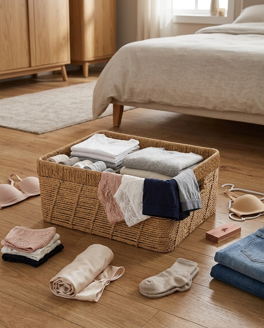 Bedroom woven basket for daily essentials storage