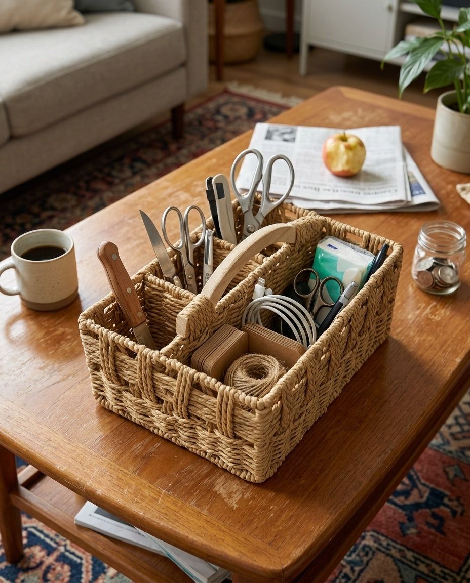 Woven basket for desktop remote and accessory organization
