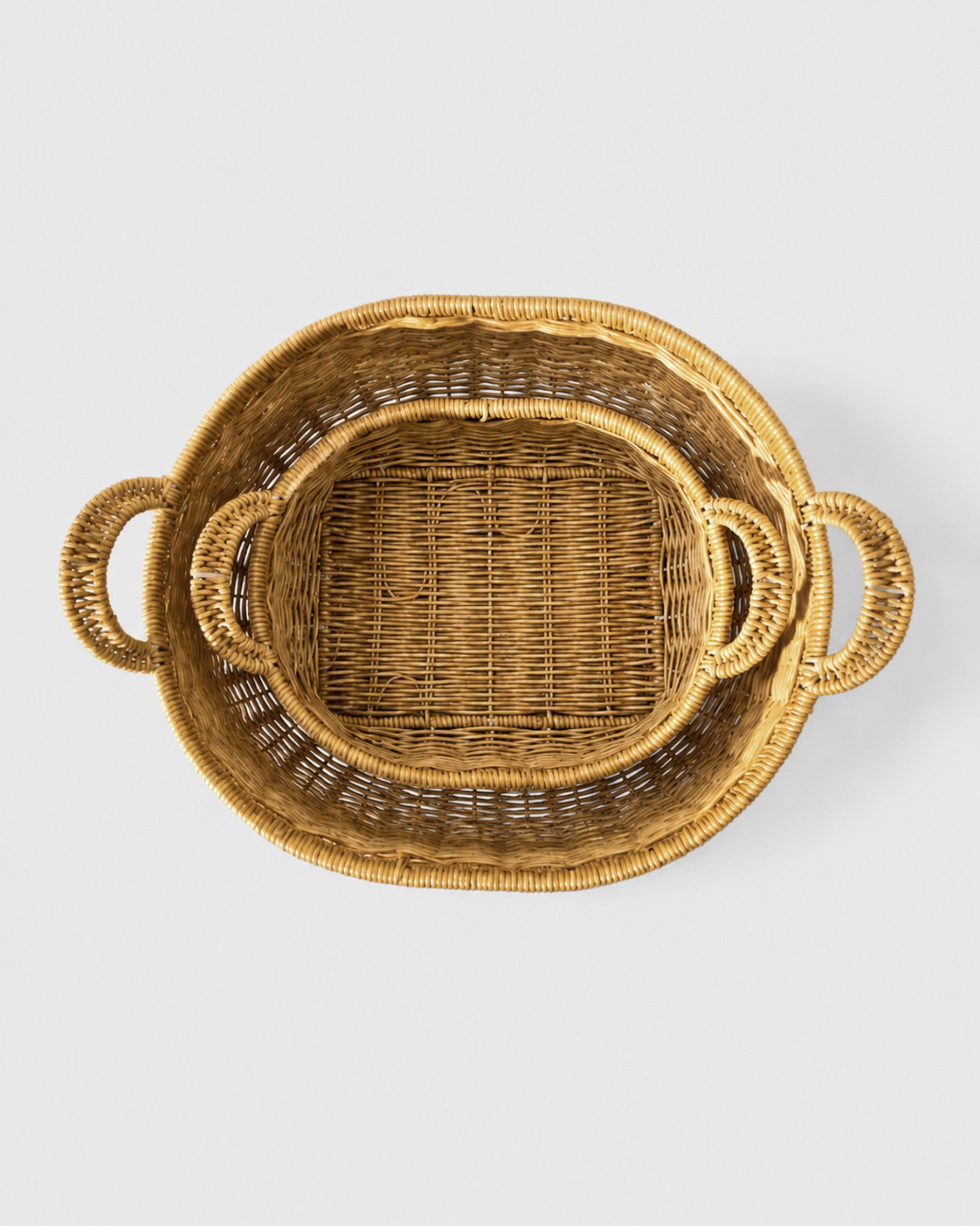 Top view of faux rattan kitchen storage basket with woven texture