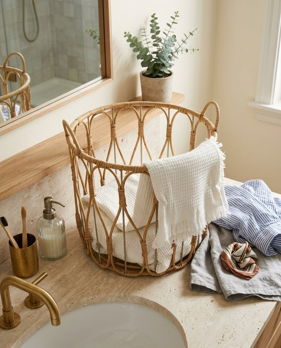 Woven faux rattan basket for bathroom laundry storage