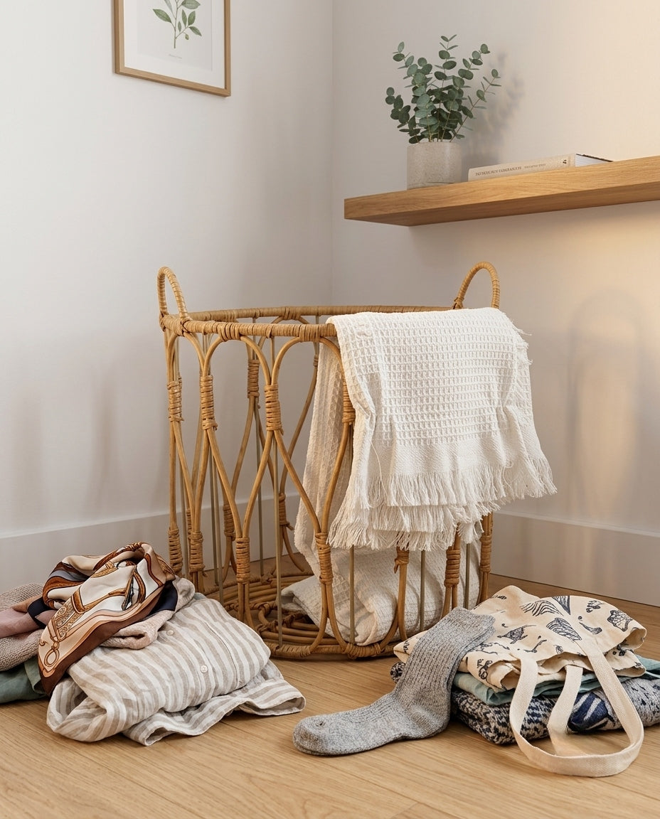 Faux rattan basket used as bedroom clothes organizer and laundry storage