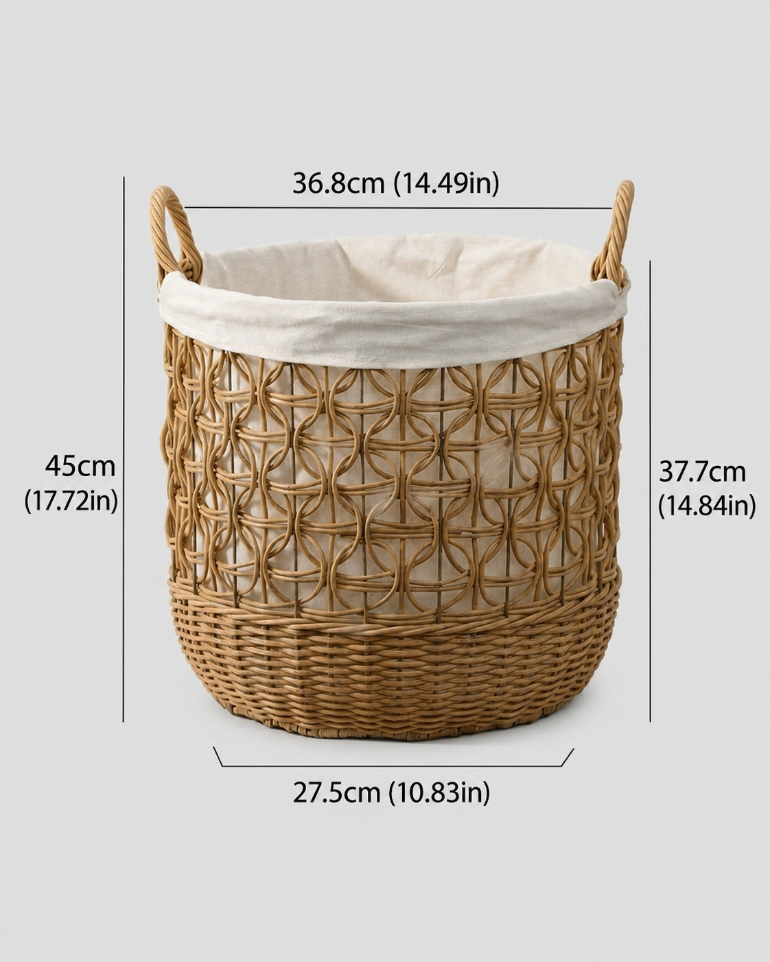 Faux rattan laundry basket measurement and size details