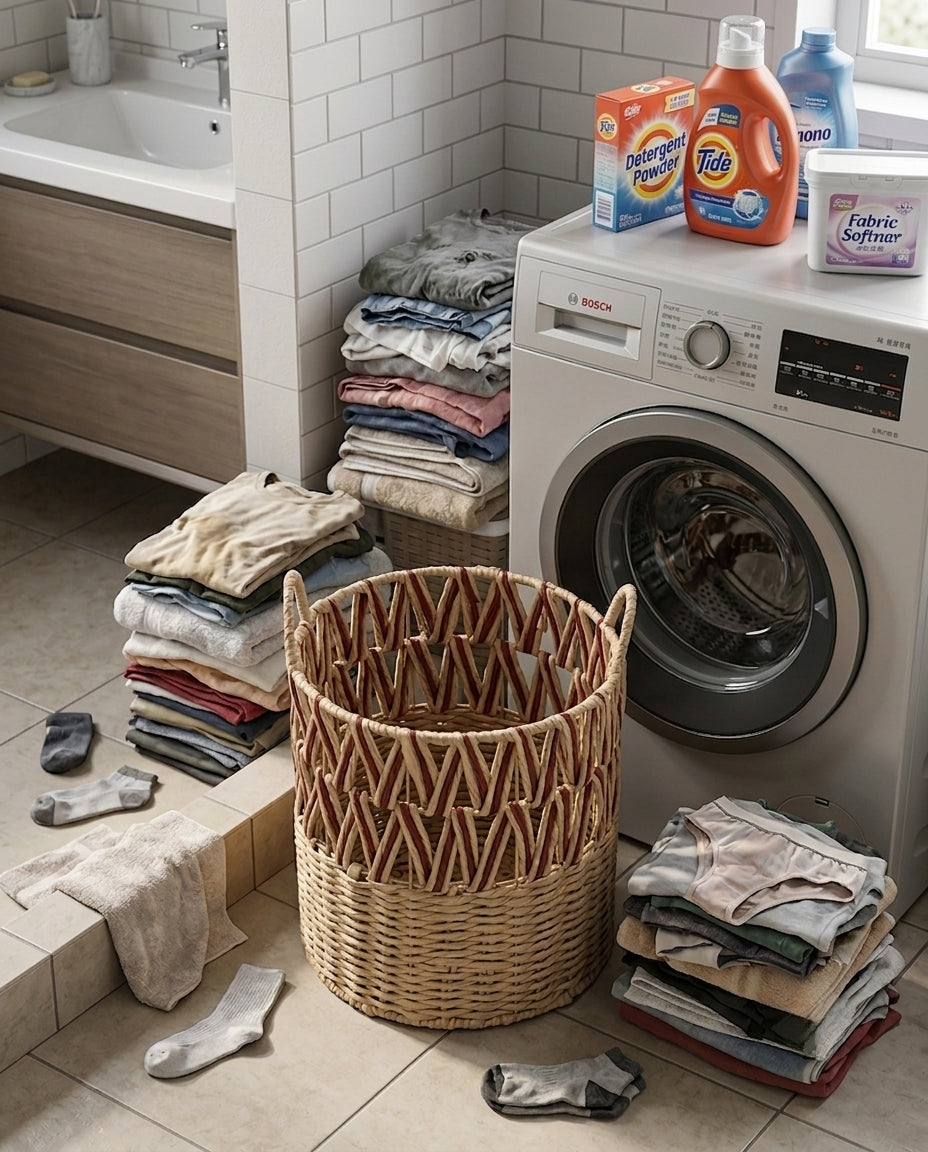 Faux rattan laundry basket used for bedroom and laundry organization