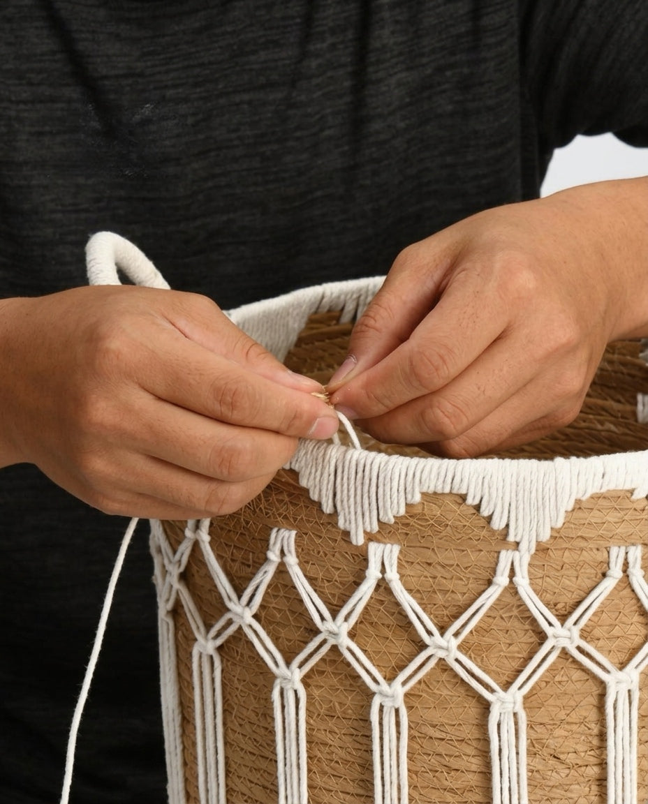 Close up view of handmade paper rope woven laundry basket texture