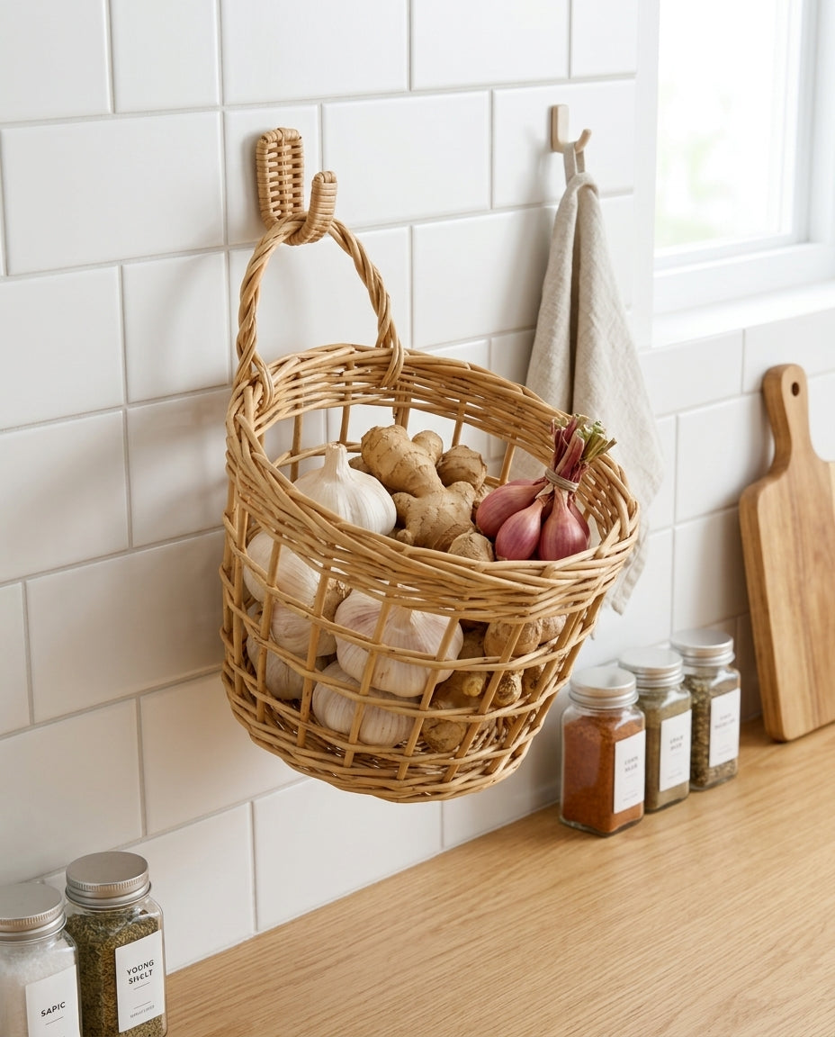 Hanging storage basket for garlic ginger and onions