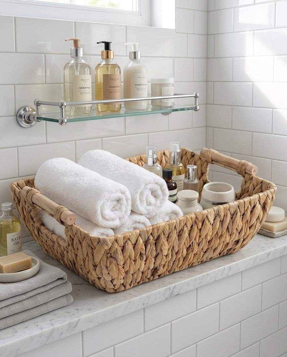Handmade storage basket for bathroom accessories and home organisation