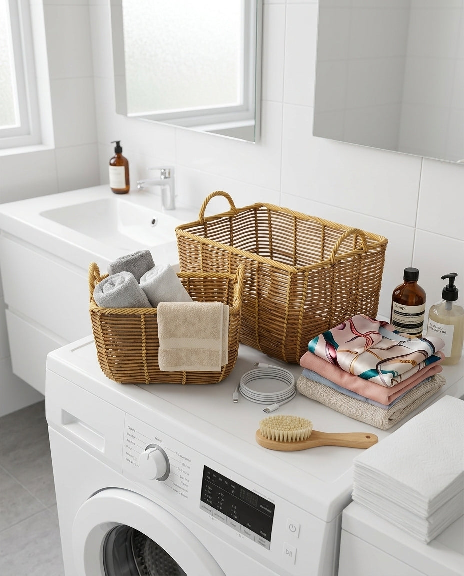 Handle basket for laundry room and household storage