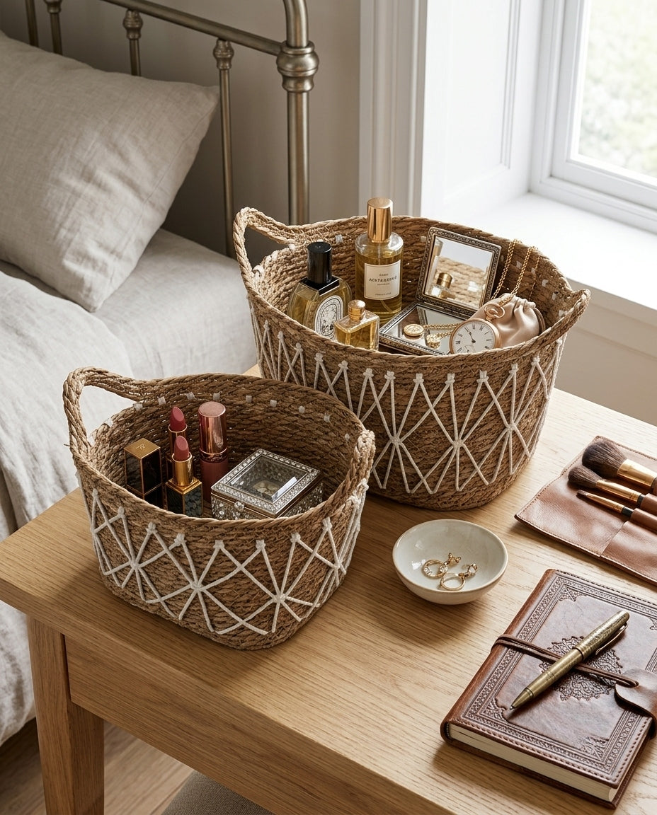 Grass woven basket used for living room organization