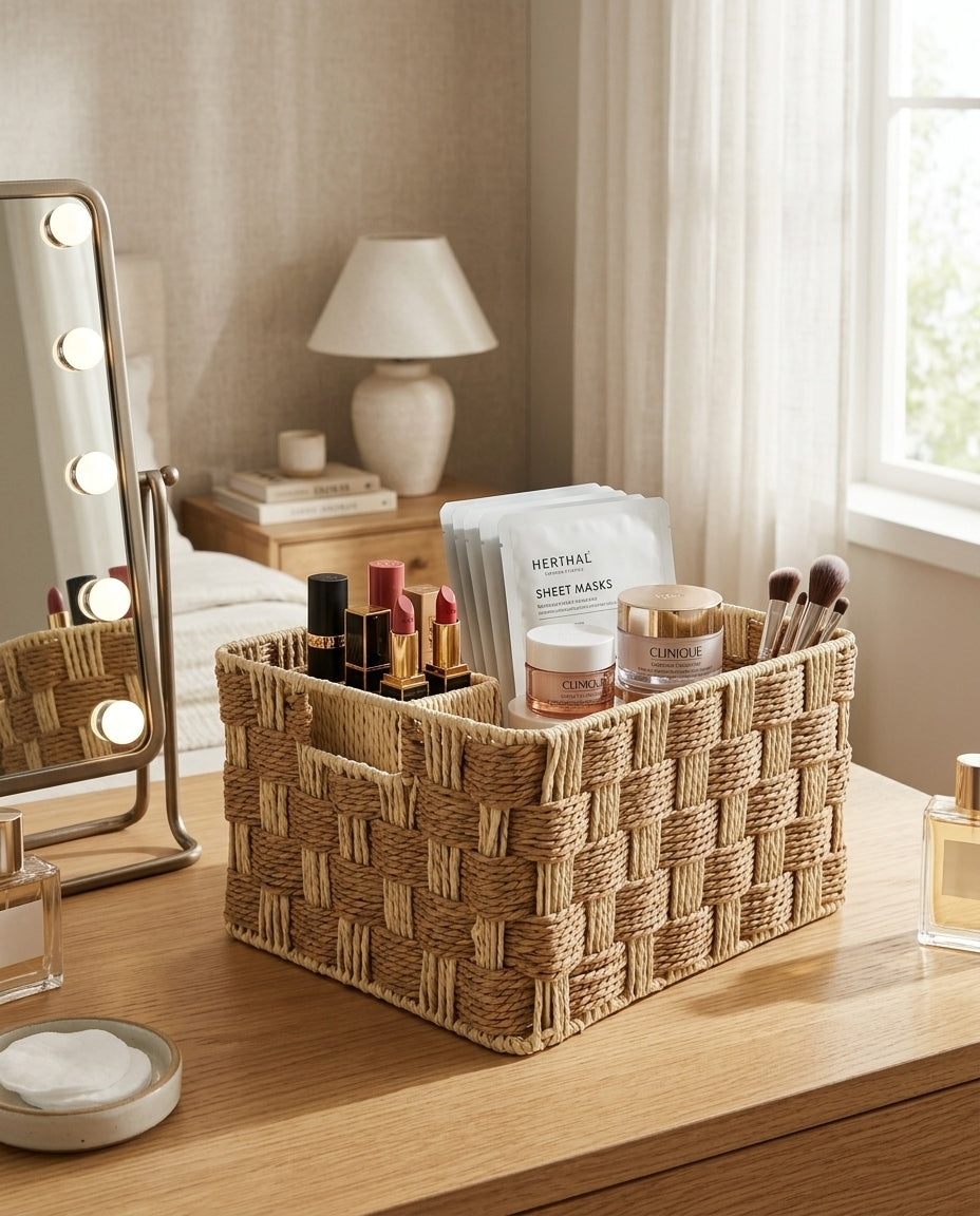 Woven organizer basket used for makeup table storage