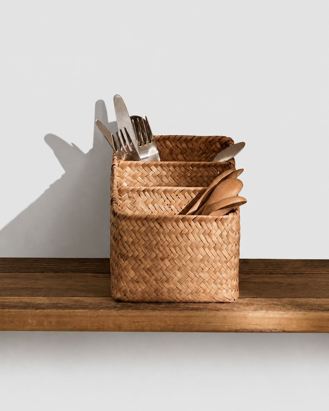 Natural woven basket for knives spoons forks and kitchen organization