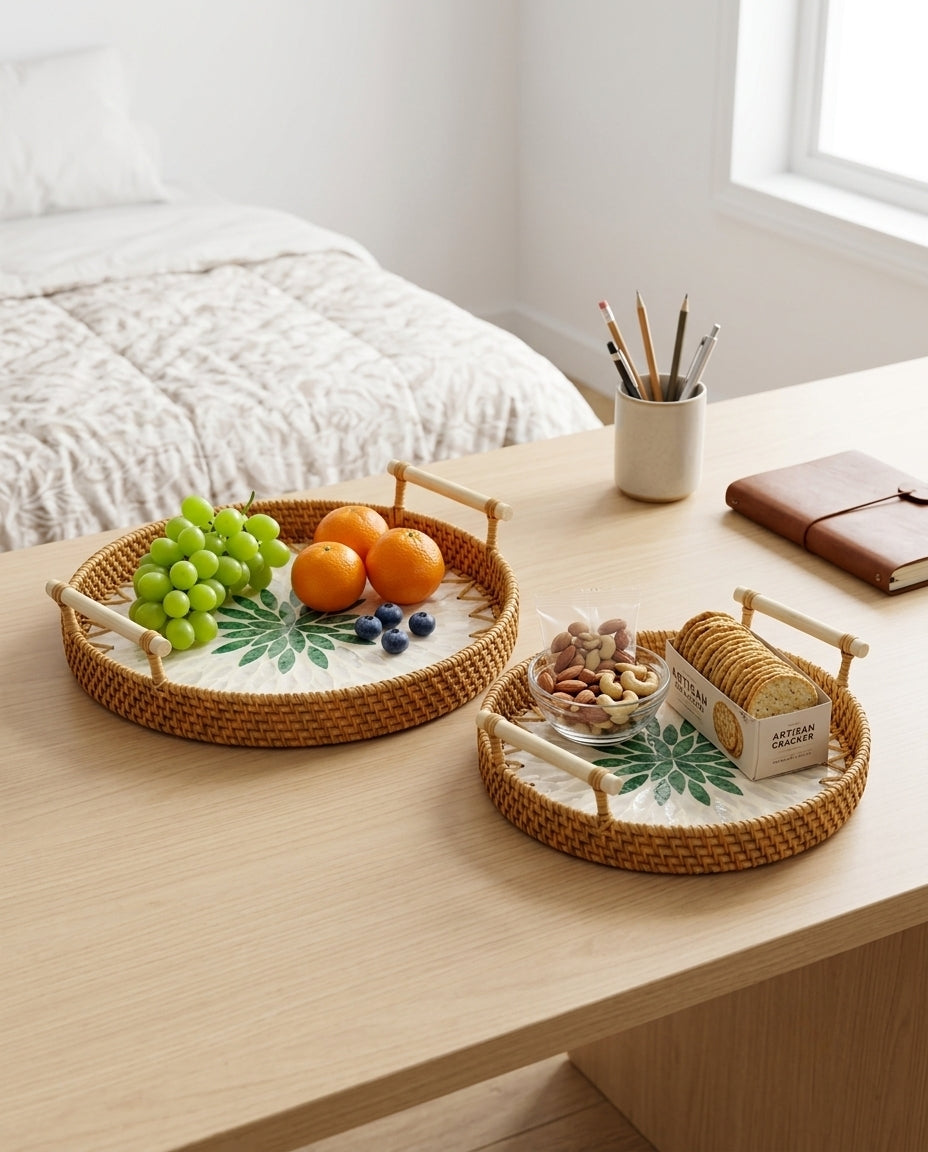 Natural rattan tray for fruit and dessert serving