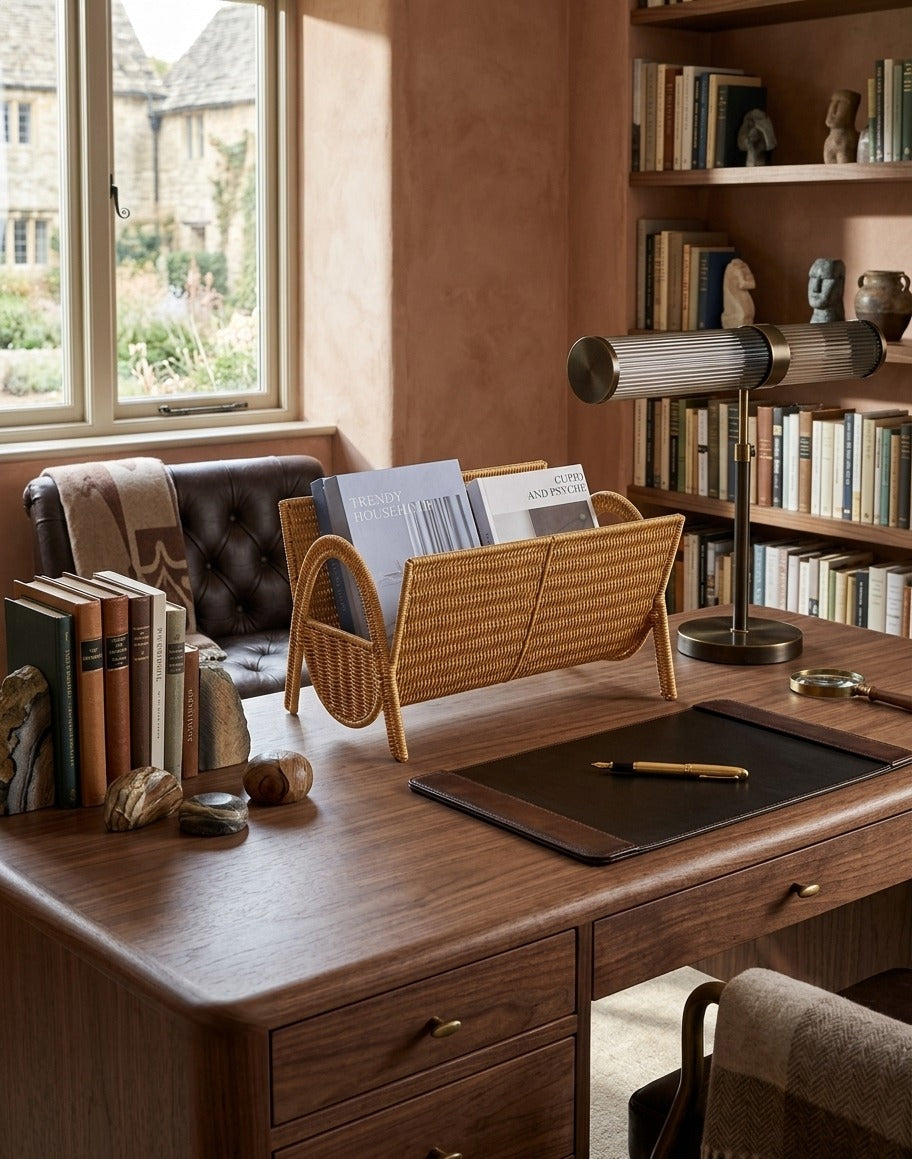 Natural rattan magazine rack used in living room reading corner