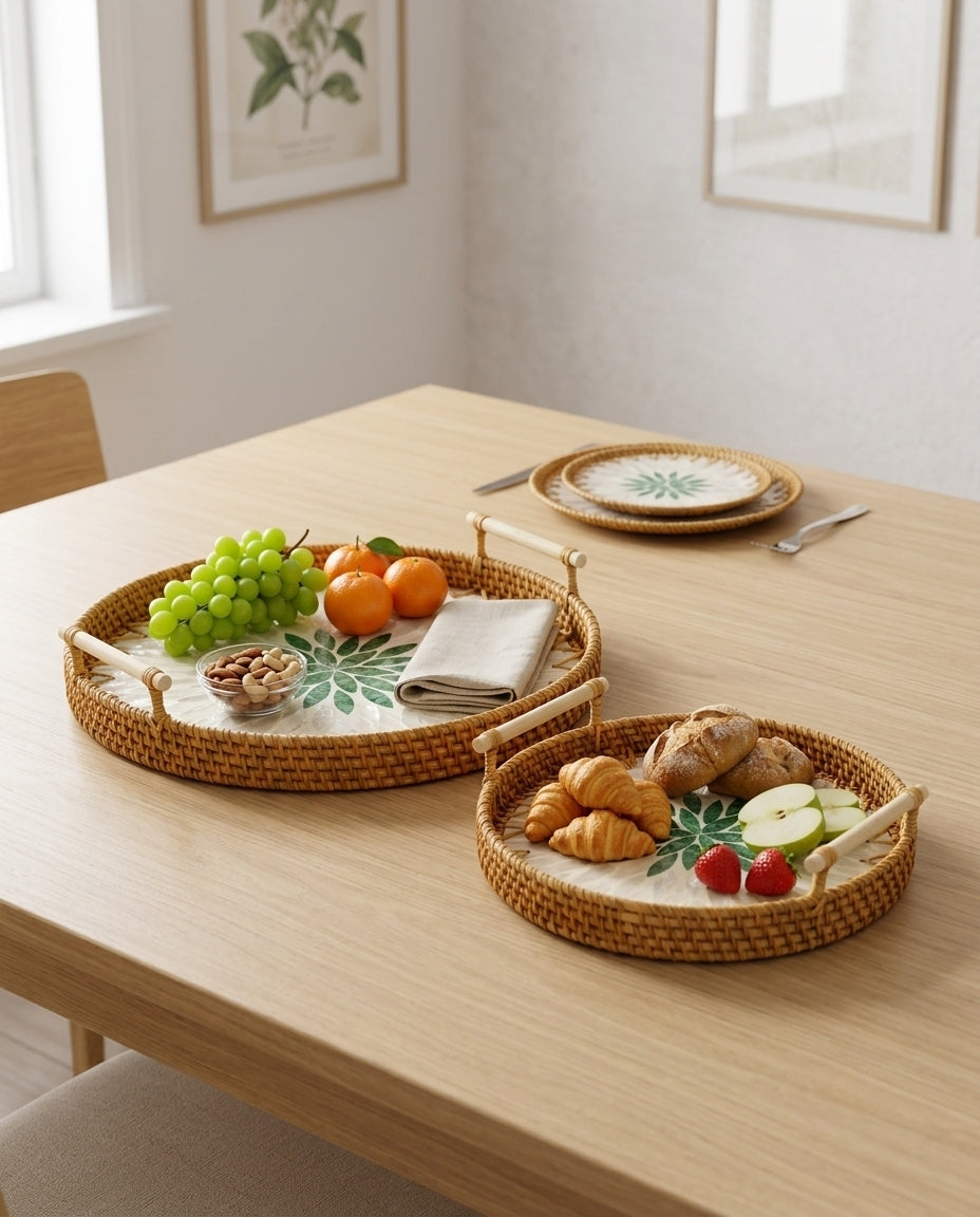 Rattan serving tray used on Nordic dining table