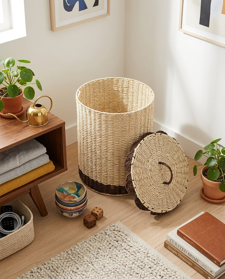 Paper rope laundry hamper used for bedroom clothes organization