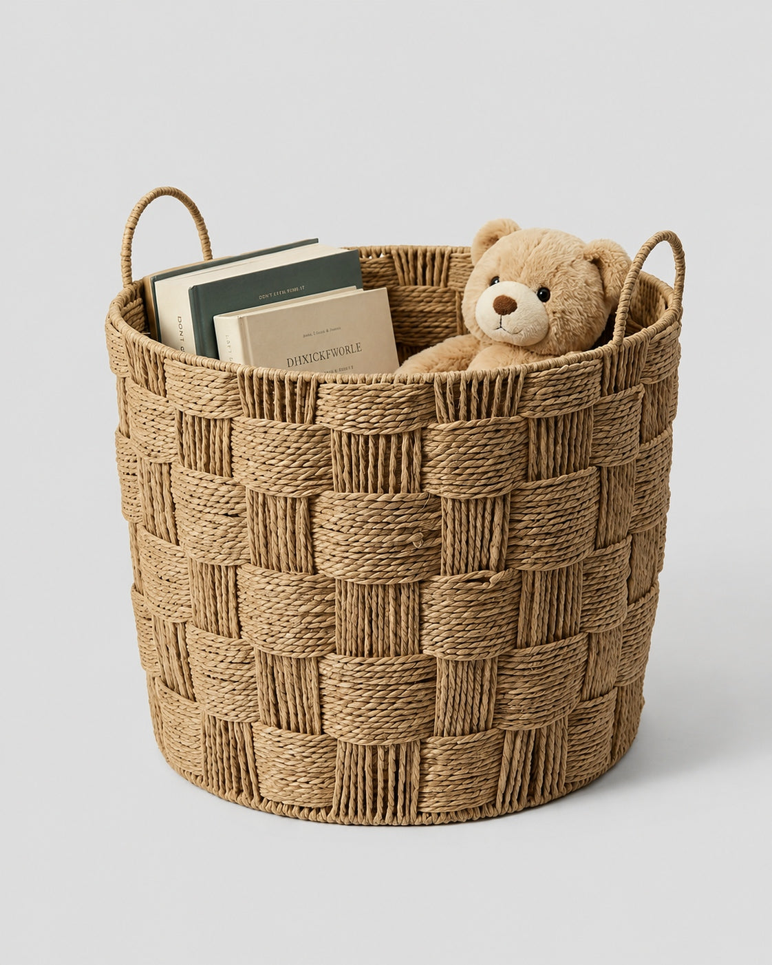 Handwoven paper rope laundry basket with handles for clothes storage