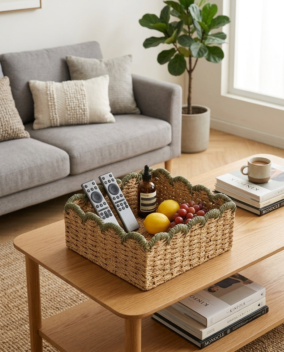 Paper rope storage basket used for living room organization and decor