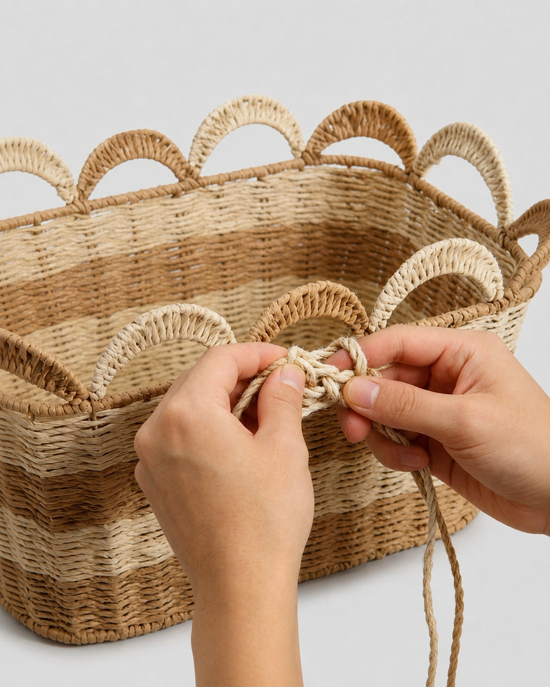 Close up view of handwoven paper rope laundry basket texture