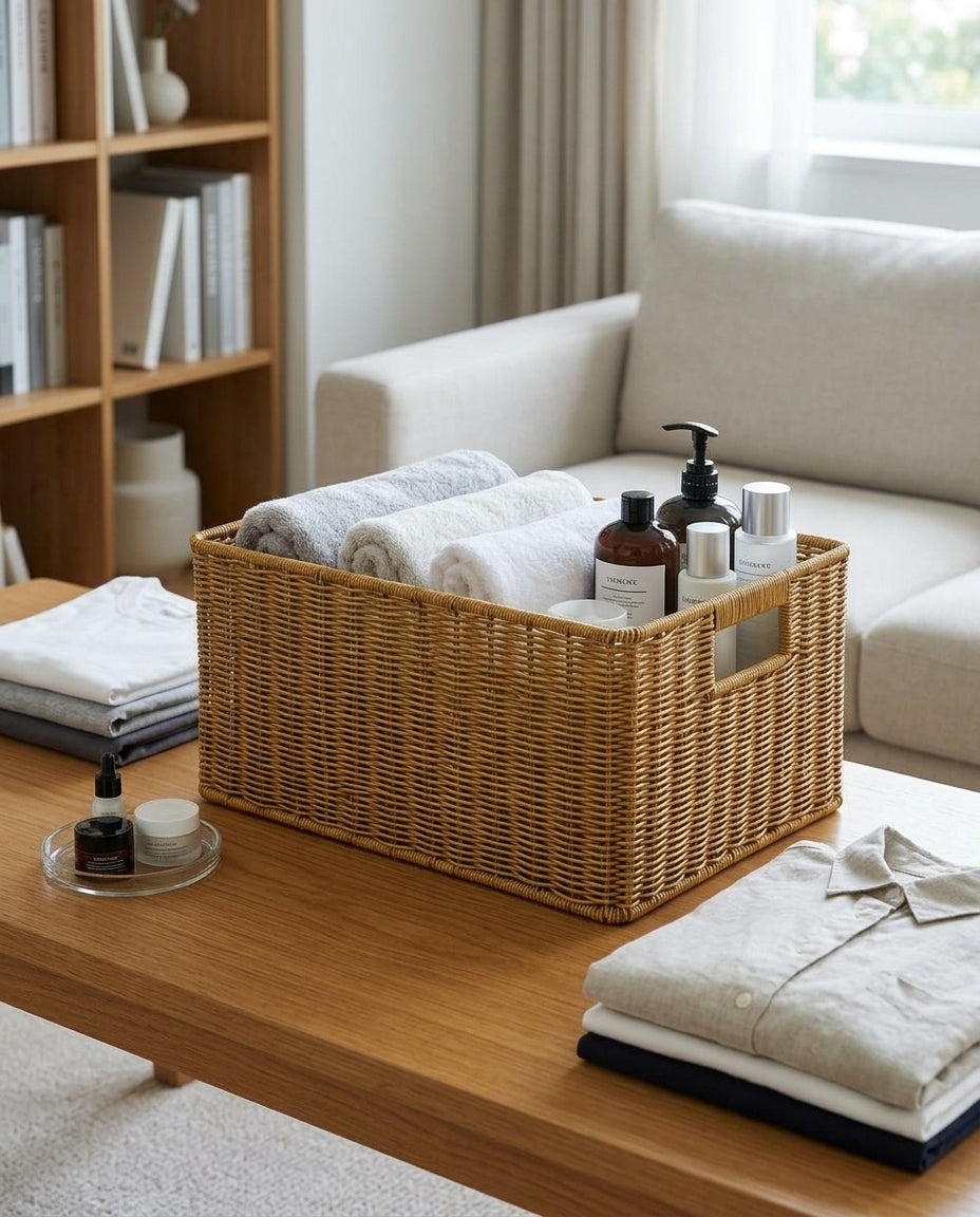 Rectangular storage basket used in living room