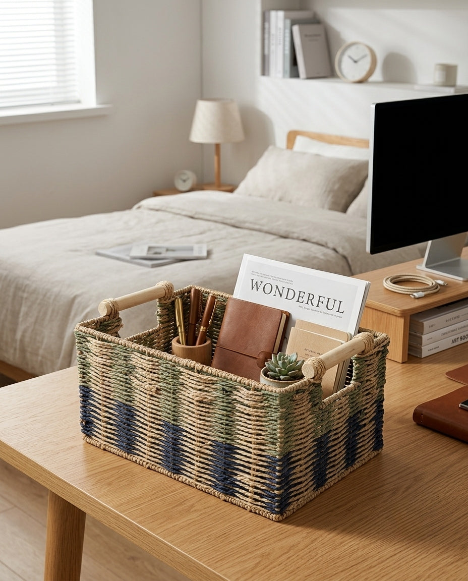 Woven rope basket used in modern living room