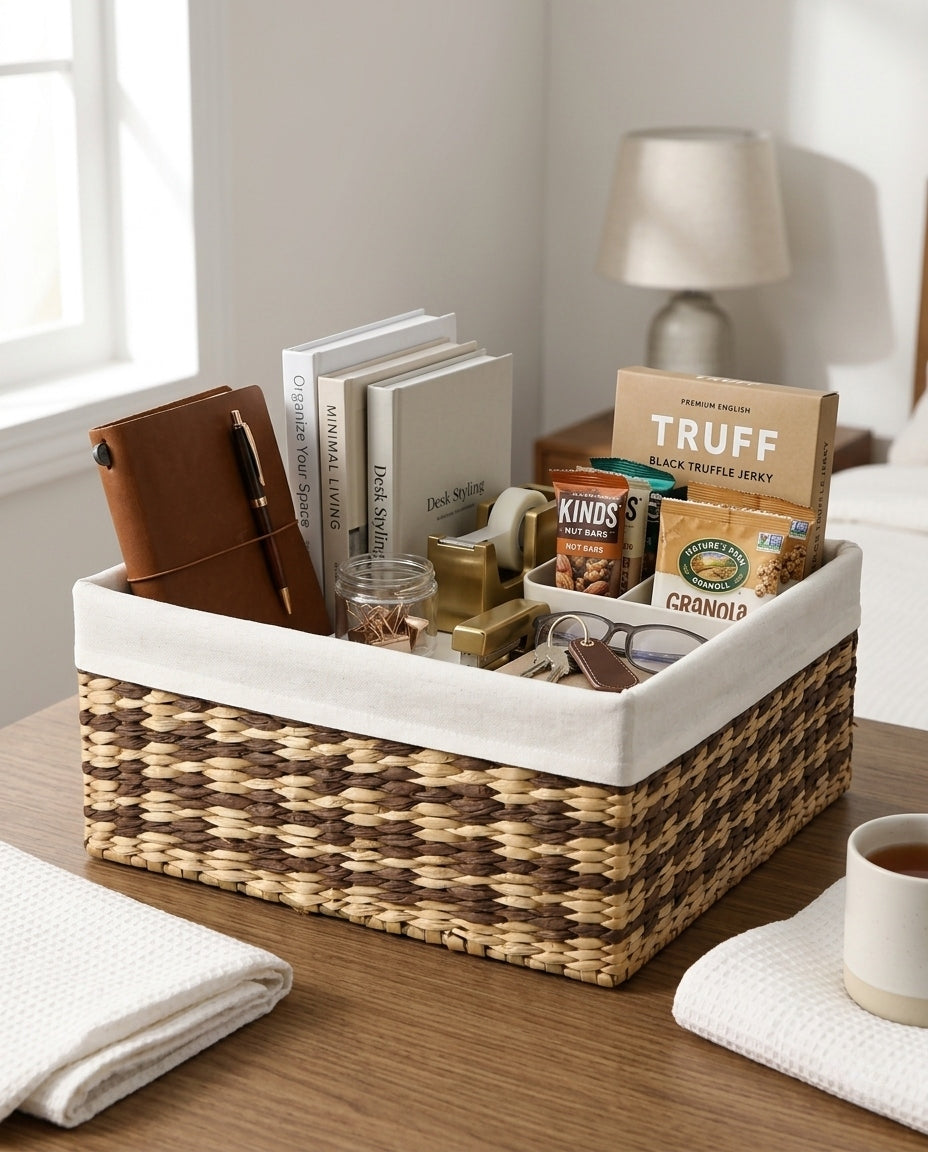 Woven basket used for bedroom storage organization