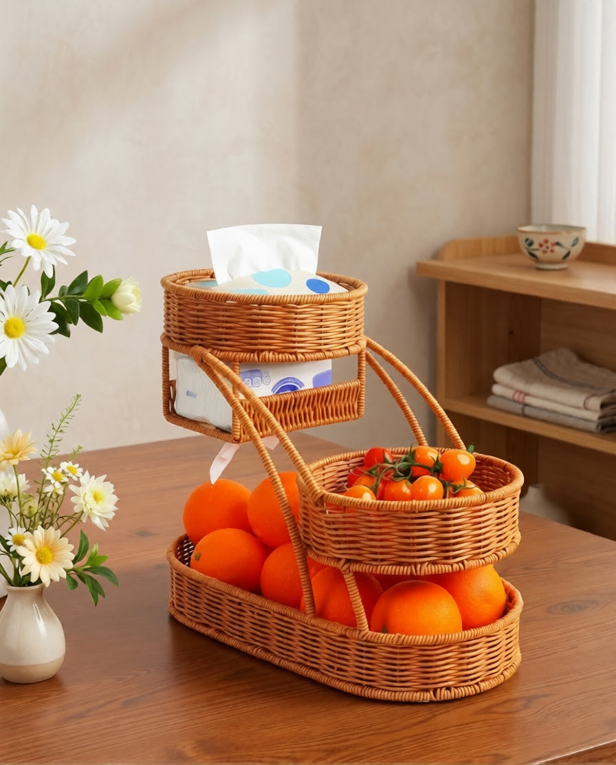 Algot tiered faux rattan stand holding fruit, cherry tomatoes and tissues on a coffee table