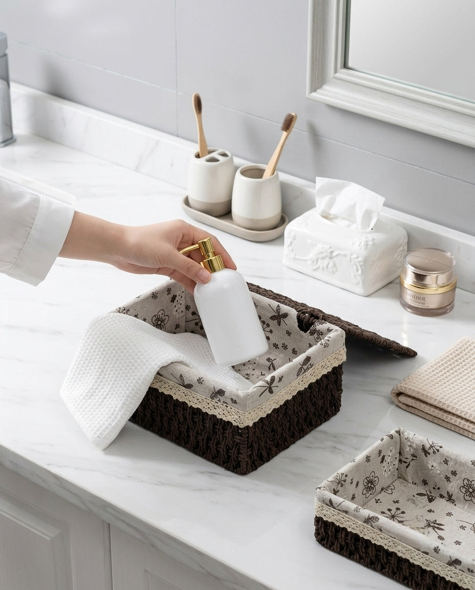 Dagny lidded paper rope storage box organising bath products and a towel on a bathroom vanity