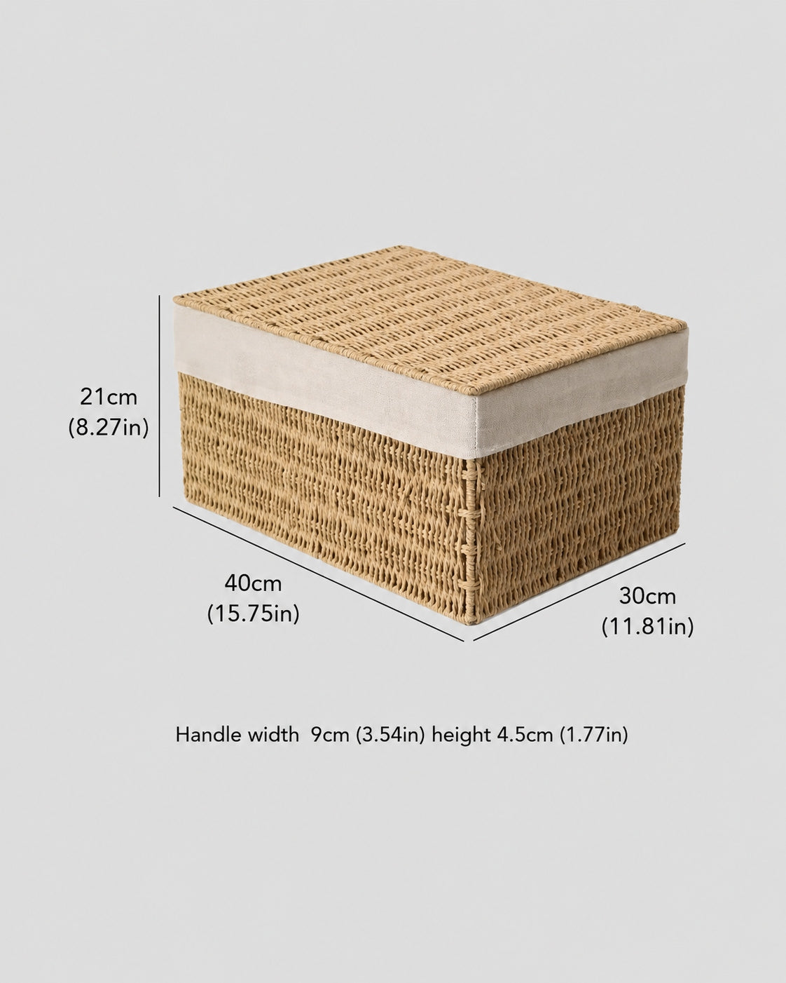 Large Elva paper rope lidded storage box size guide: 40 by 30 by 21 cm