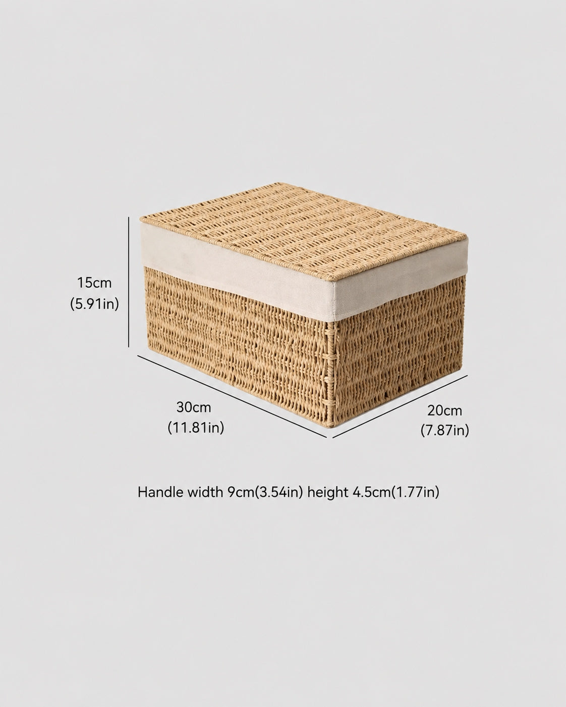 Small Elva paper rope lidded storage box size guide: 30 by 20 by 15 cm