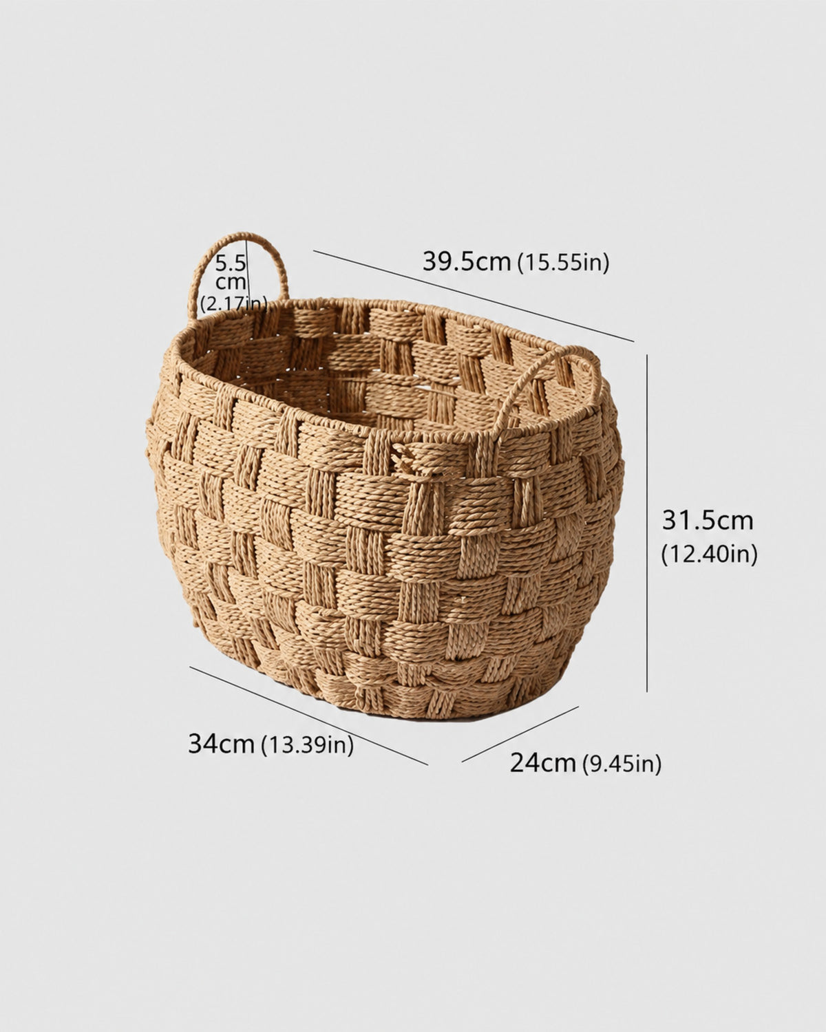 Large Kari paper rope bathroom basket size guide: top length 39.5 cm and 31.5 cm high