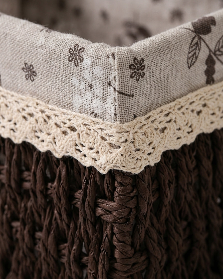 Close-up of Kerstin basket’s floral textile lining, lace edge and woven paper rope corner