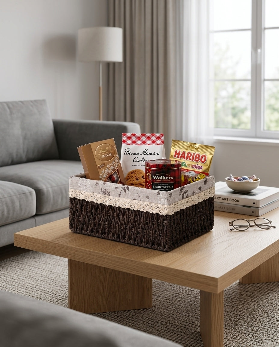 Kerstin paper rope storage basket holding packaged snacks on a living-room coffee table