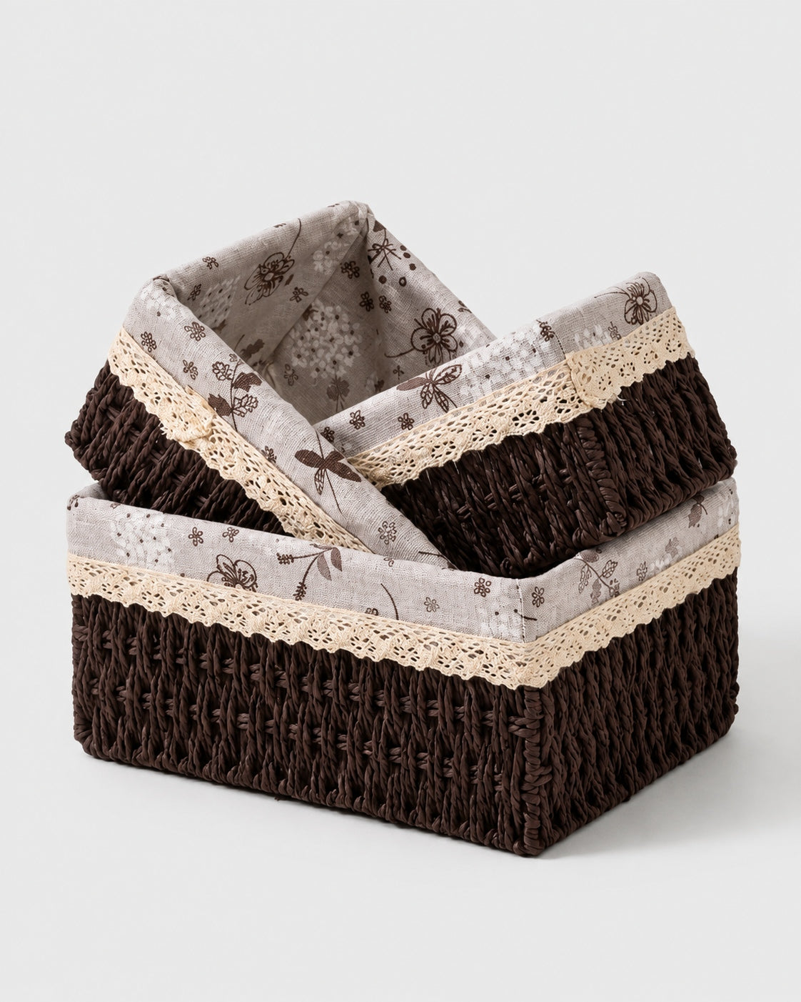 Kerstin woven paper rope storage baskets nested in Small, Medium and Large sizes