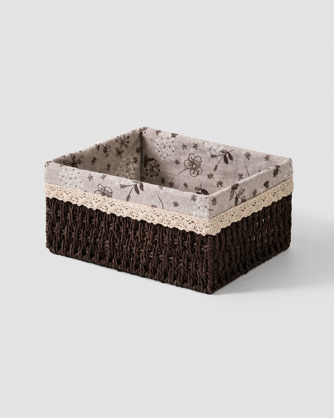 Kerstin dark brown woven paper rope storage basket with floral lining and lace trim
