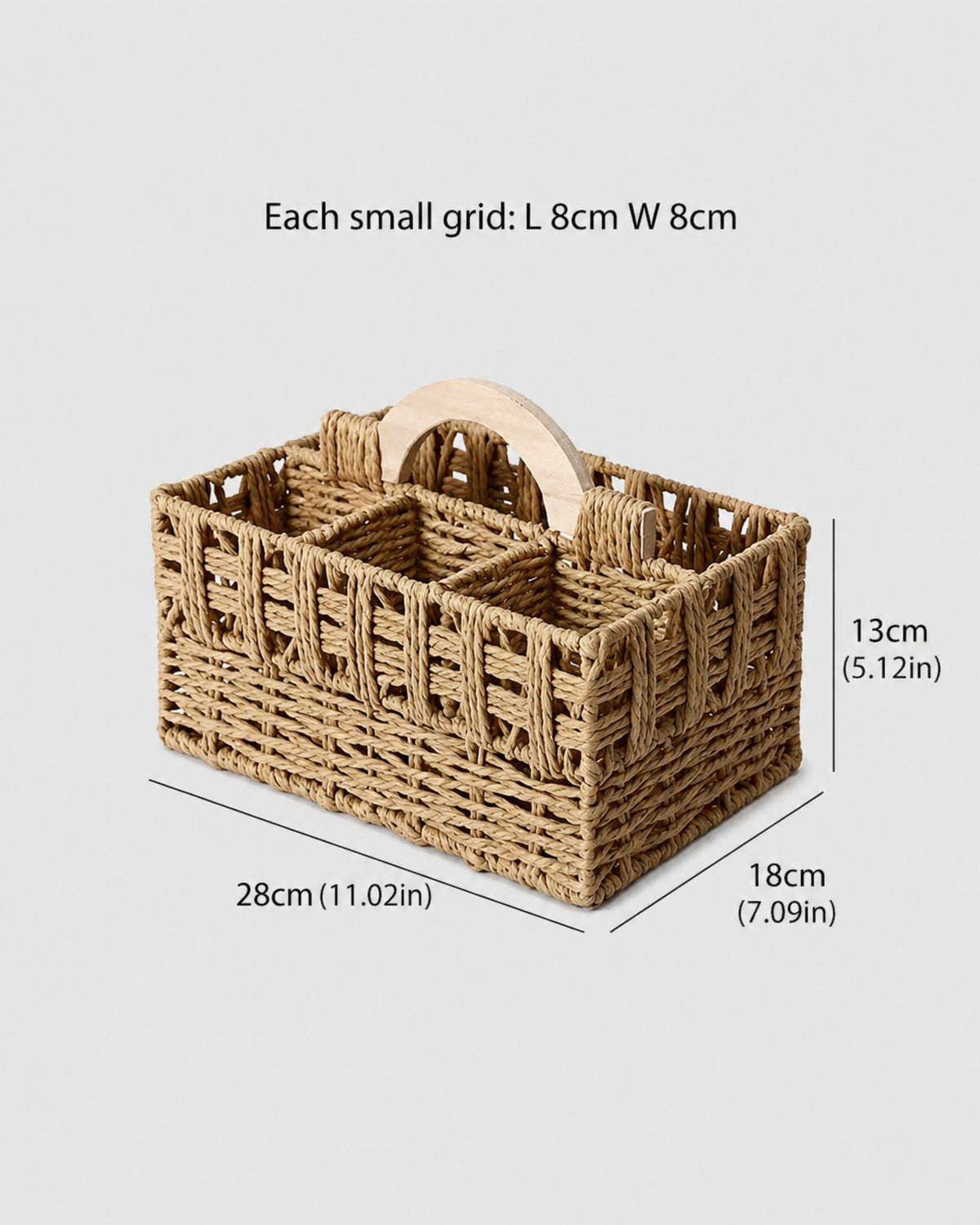 Lina paper rope remote caddy size guide: 28 by 18 by 13 cm with approximately 8 by 8 cm compartments