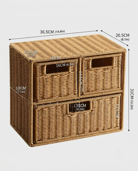 Large Mikkel faux rattan drawer storage cabinet size guide: 36.5 by 20.5 by 31 cm