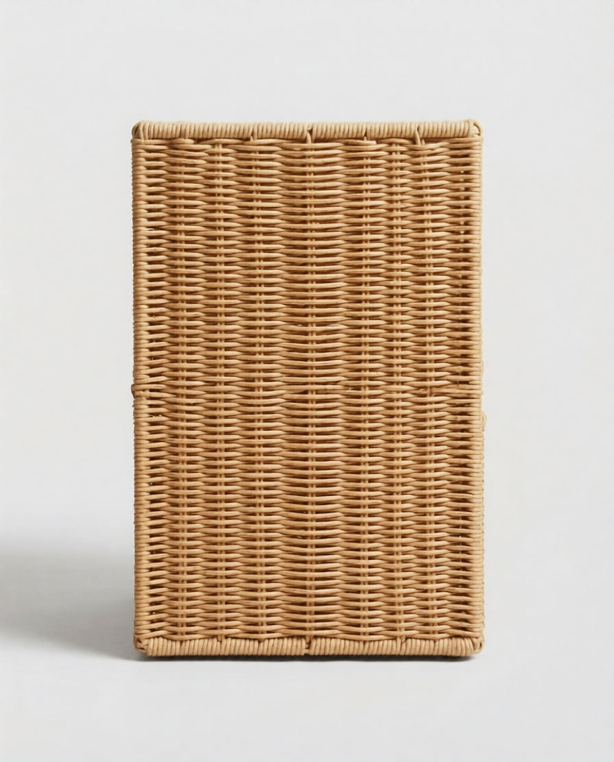 Side view of Mikkel faux rattan drawer storage cabinet showing its compact woven form