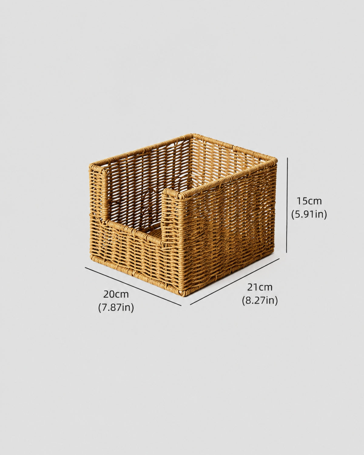 Medium Mila faux rattan open-front snack basket size guide: 21 by 20 by 15 cm
