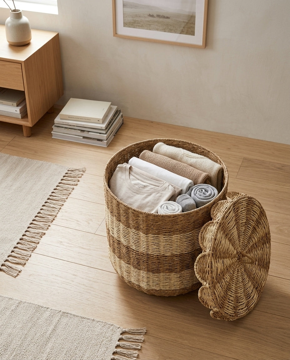 Noa paper rope laundry hamper holding folded clothing and towels in a calm bedroom