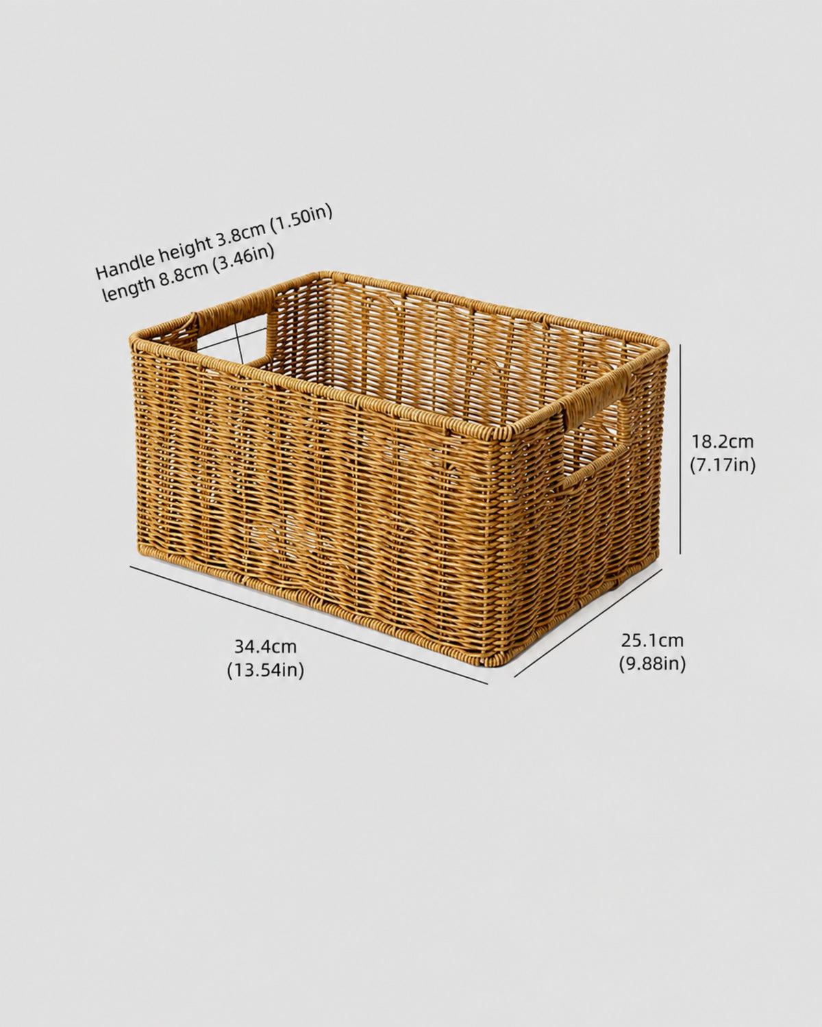Medium Olea faux rattan storage box size guide: 34.4 by 25.1 by 18.2 cm