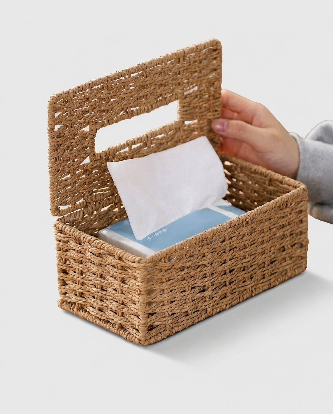 Ragnhild paper rope tissue box cover opened to show lift-top refill access