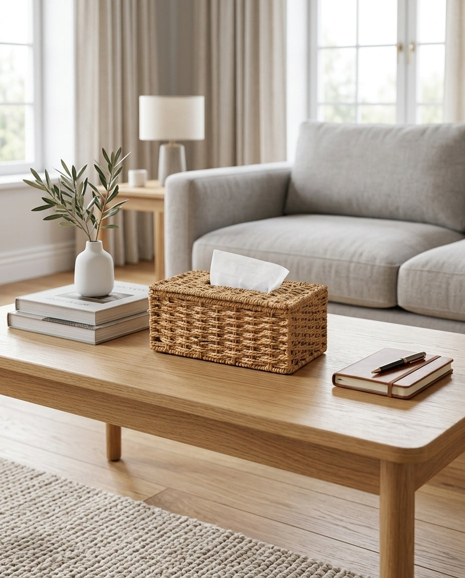 Ragnhild woven tissue box cover styled on a living-room coffee table