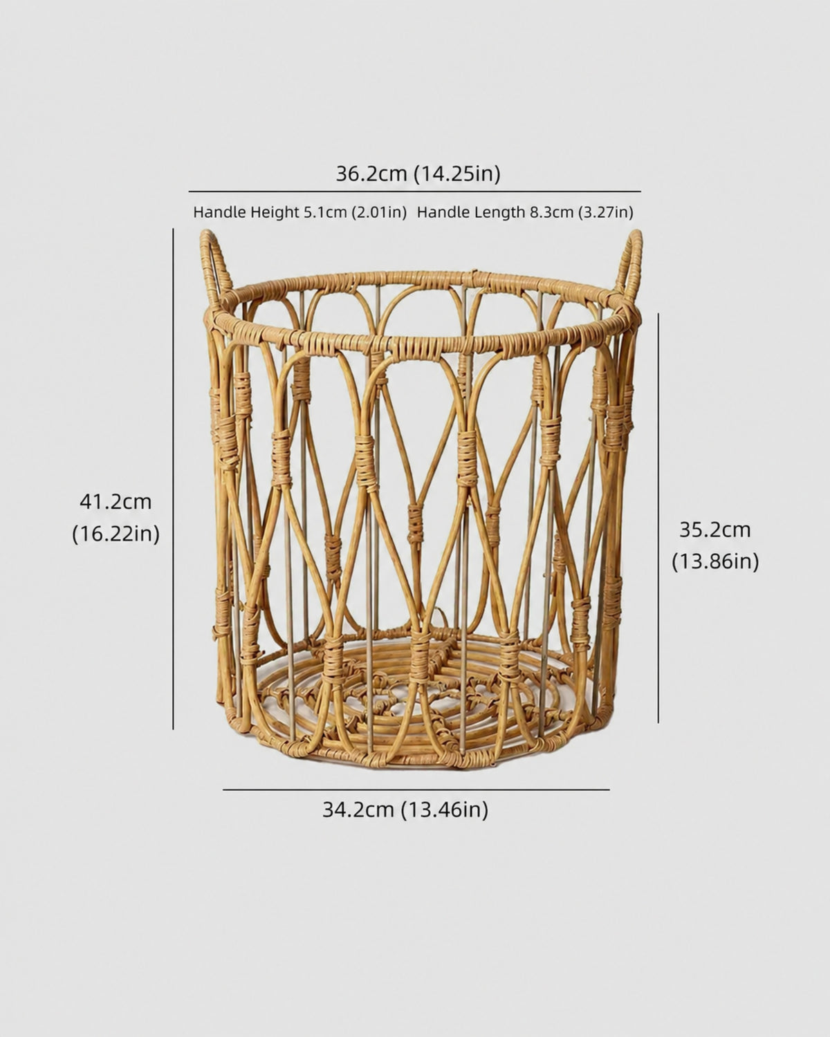 Medium Thea faux rattan open-weave laundry basket size guide: top 36.2 cm and body height 35.2 cm