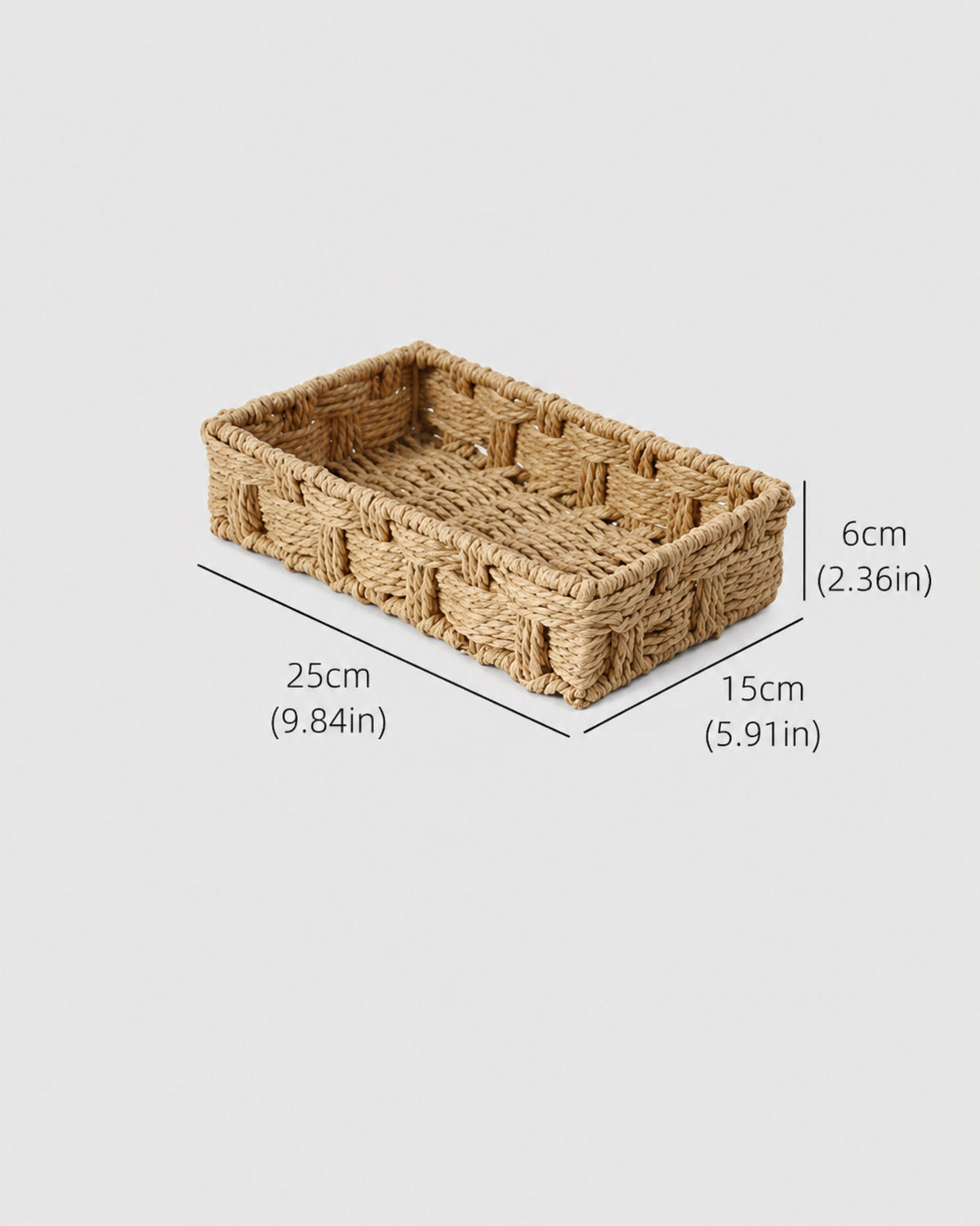 Small Tilda paper rope cosmetic storage basket size guide: 25 by 15 by 6 cm