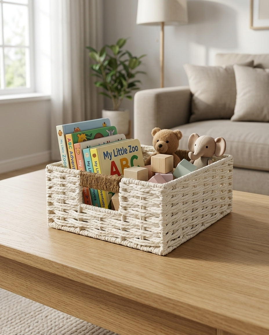 White woven storage basket for home organization in living room