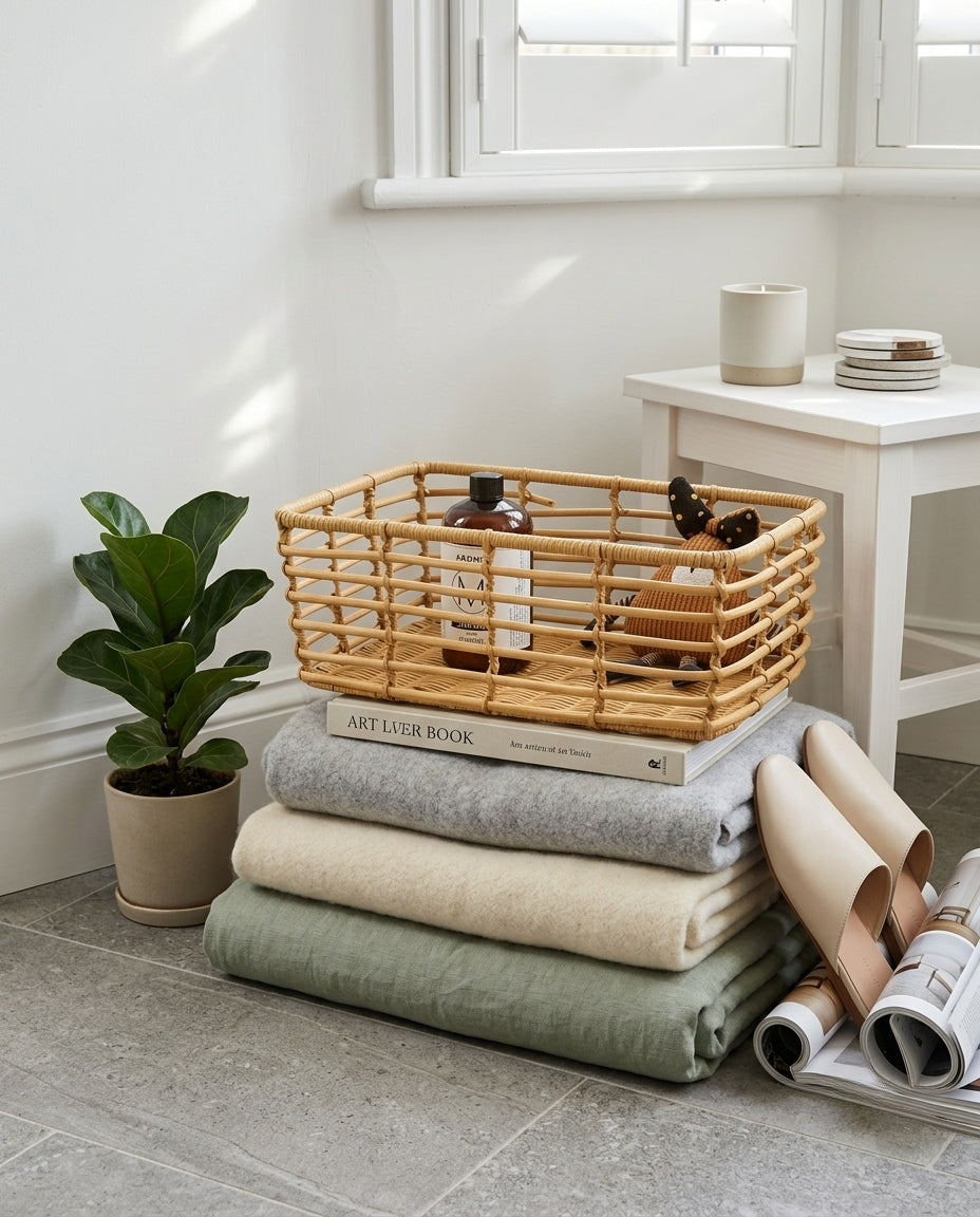 Woven storage basket for towels and household essentials