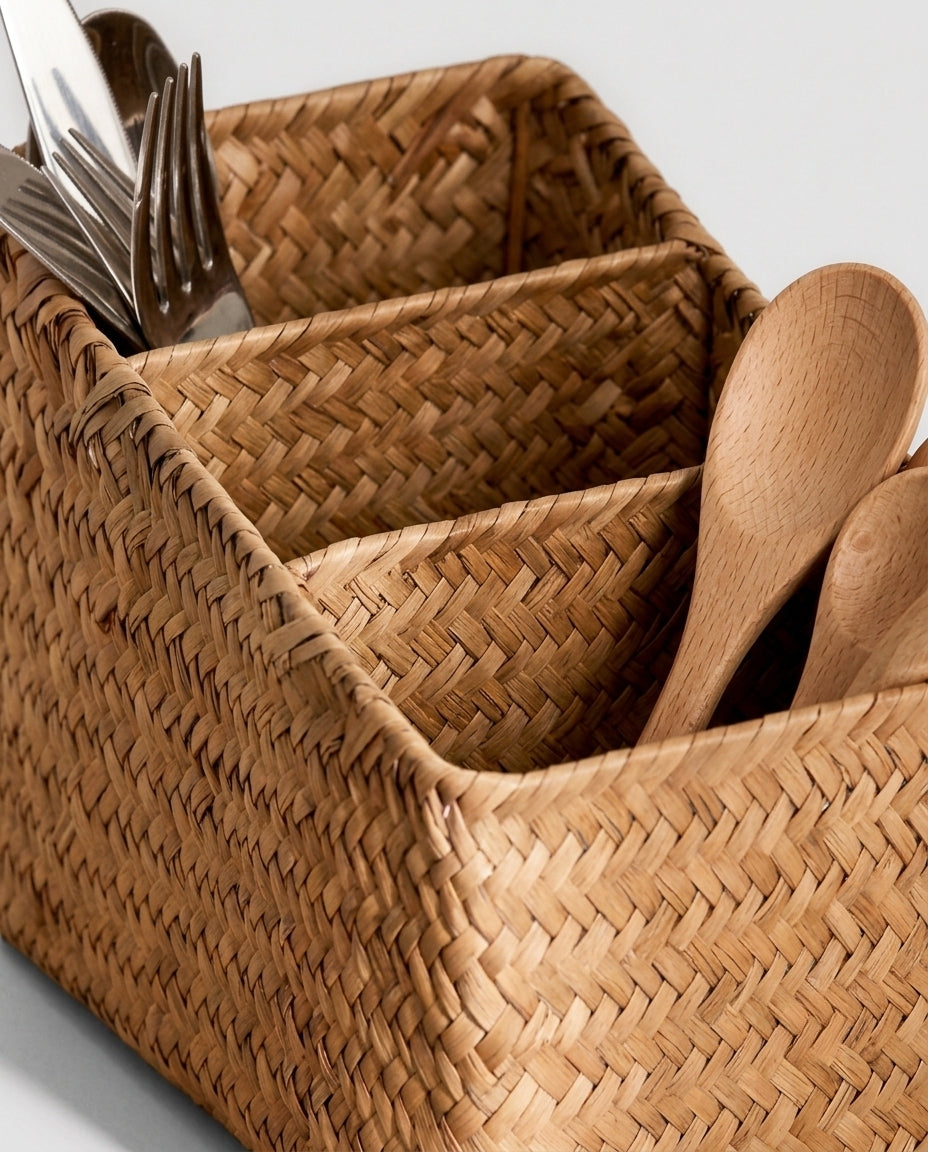 Grass woven basket organizer holding kitchen tools and utensils